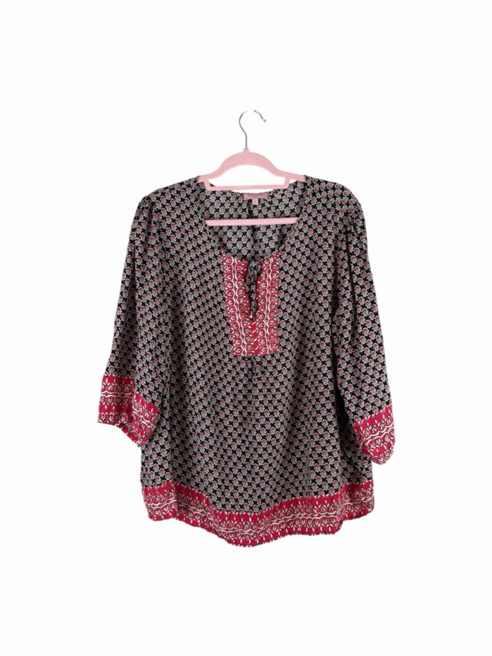 Saint Tropez West Boho Print Tunic Blouse Black Red Plus Size 2X